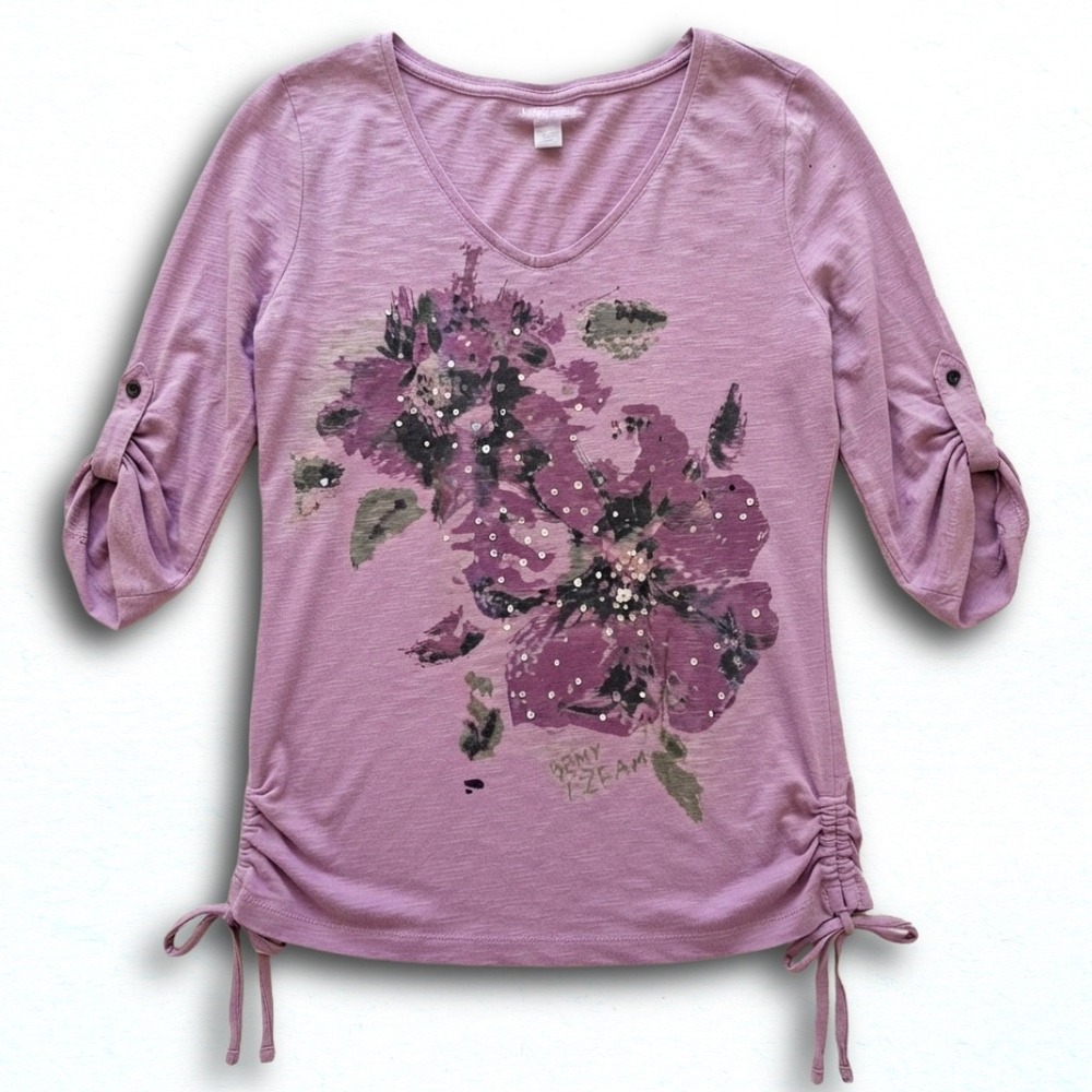 DKNY Jeans Womens Purple Floral Sequin V-Neck Cinch Side Roll Tab Sleeve Top M